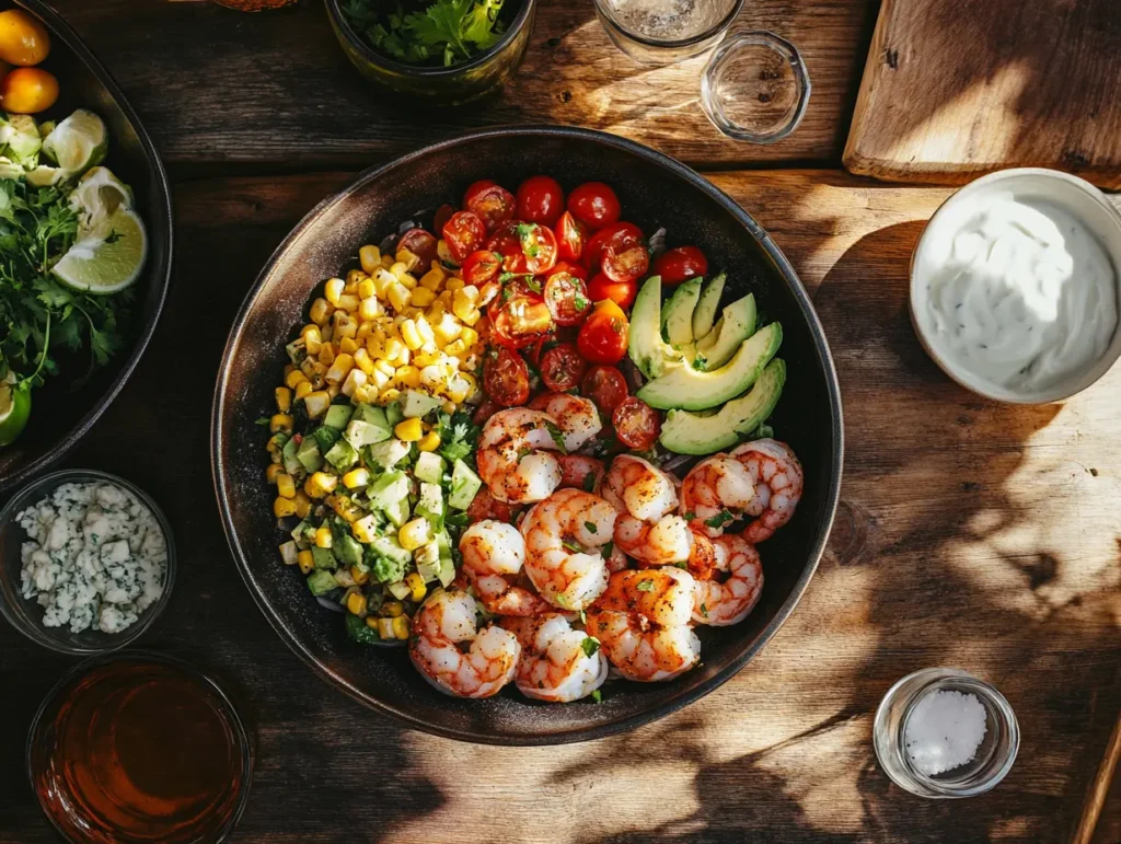 Grilled Shrimp Bowl with Avocado, Corn Salsa & Creamy Garlic Sauce Recipe