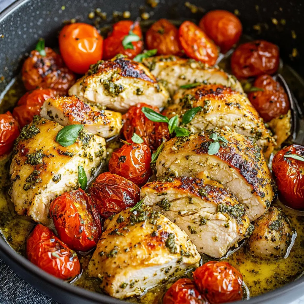 Creamy Pesto Chicken with Roasted Tomatoes Recipe (Easy & Flavorful)