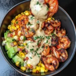 Grilled Shrimp Bowl with Avocado, Corn Salsa & Creamy Garlic Sauce