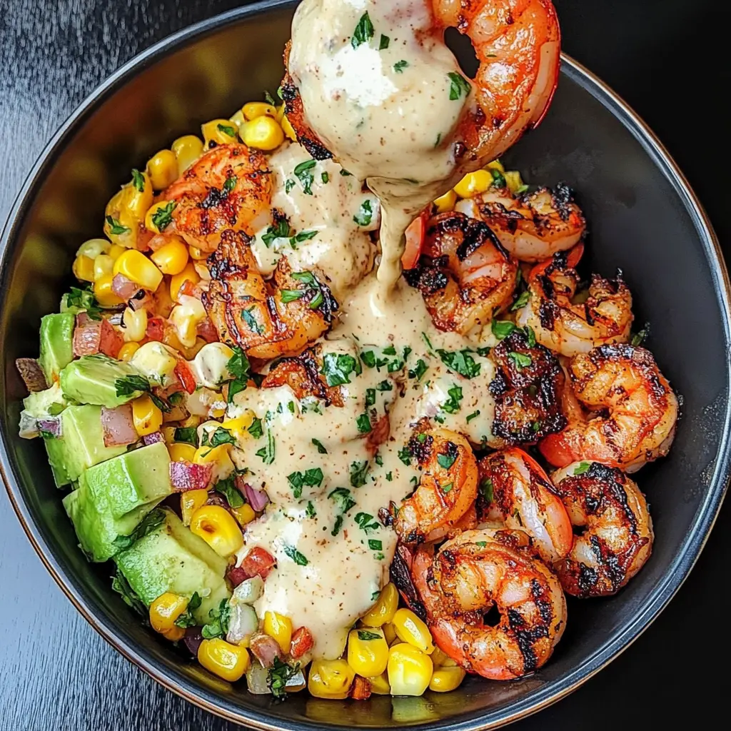 Grilled Shrimp Bowl with Avocado, Corn Salsa & Creamy Garlic Sauce